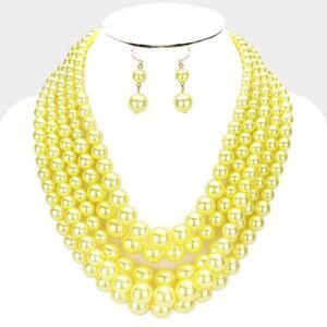 Yellow Pearl (faux) 5 Strand Necklace & Earring Set by core